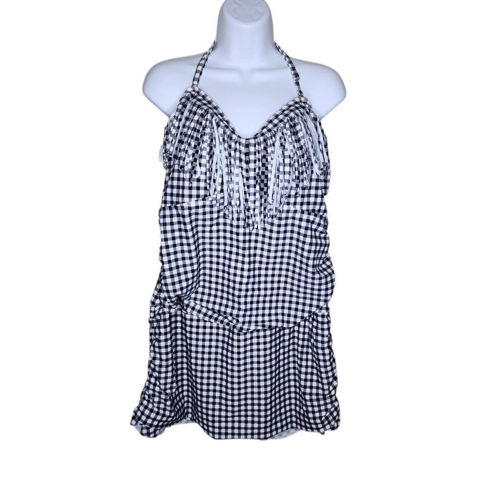 1 Piece Skirt Bathing Swimsuit 4XL Black White Check Pattern Fringe Neckline